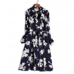 spring summer runway designer woman dress pink dark blue silk dress white flower print collar bow fashion cute knee length dress