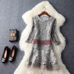 spring summer runway designer womans dresses khaki gray silk cotton dress lace top hollow out flower pattern bottom cute dress