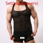 tank top men fashion sexy gay male shorts Cute underwear set Mesh net fishnet undershirts vest clothing bodybuilding hollow out