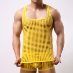 tank top men fashion sexy gay male shorts Cute underwear set Mesh net fishnet undershirts vest clothing bodybuilding hollow out