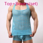 tank top men fashion sexy gay male shorts Cute underwear set Mesh net fishnet undershirts vest clothing bodybuilding hollow out