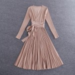 winter Knitting Dress New Fashion Runway 2015 High Quality Women's Long Sleeve Europe Designer Elegant Cute Pleated Knit Dress