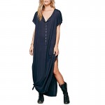 women beach style short sleeve maxi dress sexy loose side split O neck solid ladies summer casual long dress plus size LT890