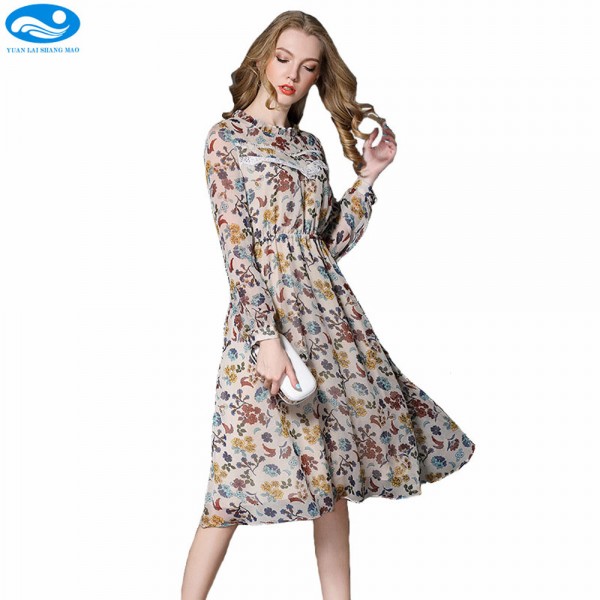 women midi print dress long sleeve 2017 summer dress midi floral dress women office dress