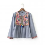 women vintage Boho embroidery jacket vintage loose retro pleated coat long sleeve color fur balls casual outwear tops CT1206