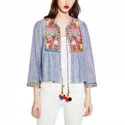 women vintage Boho embroidery jacket vintage loose retro pleated coat long sleeve color fur balls casual outwear tops CT1206