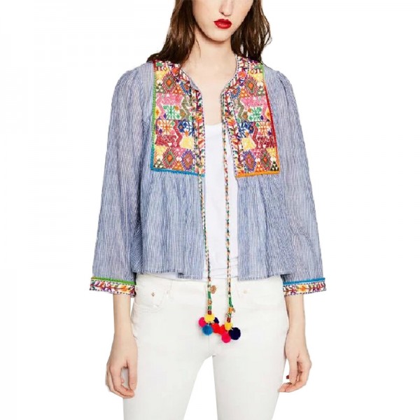 women vintage Boho embroidery jacket vintage loose retro pleated coat long sleeve color fur balls casual outwear tops CT1206