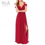 yilia 2016 New Women Sexy Long Dress Dark Blue Plain Split Dramatic Off Shoulder Strapless Backless Deep-V Party Dresses Vestido