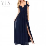 yilia 2016 New Women Sexy Long Dress Dark Blue Plain Split Dramatic Off Shoulder Strapless Backless Deep-V Party Dresses Vestido