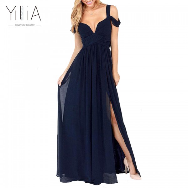 yilia 2016 New Women Sexy Long Dress Dark Blue Plain Split Dramatic Off Shoulder Strapless Backless Deep-V Party Dresses Vestido