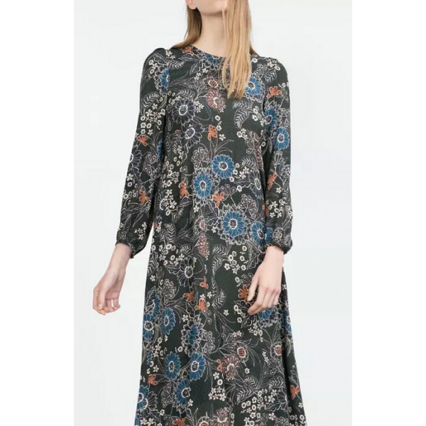 za women vintage retro bohemiam flower floral print long A-line dress elegant  vestidos casual long sleeve loose slim dresses