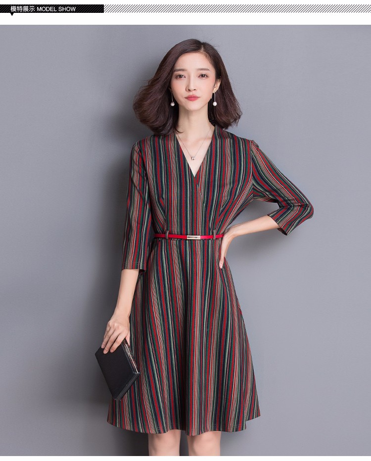 -2017-spring-women-stripe-belt-elegant-V-neck-three-quarter-sleeve--dress-slim-plus-size--pullovers--32781533808