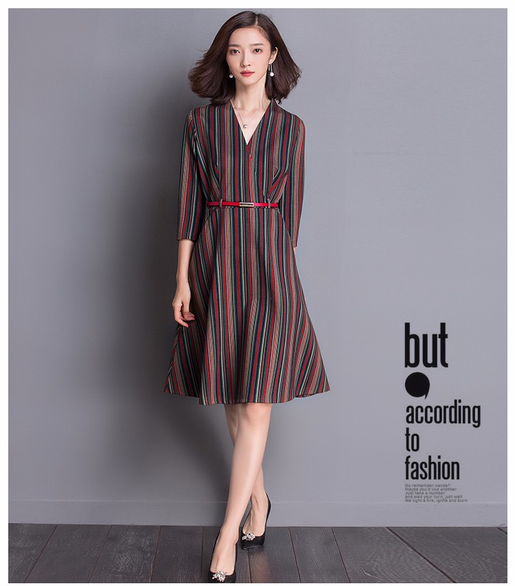 -2017-spring-women-stripe-belt-elegant-V-neck-three-quarter-sleeve--dress-slim-plus-size--pullovers--32781533808