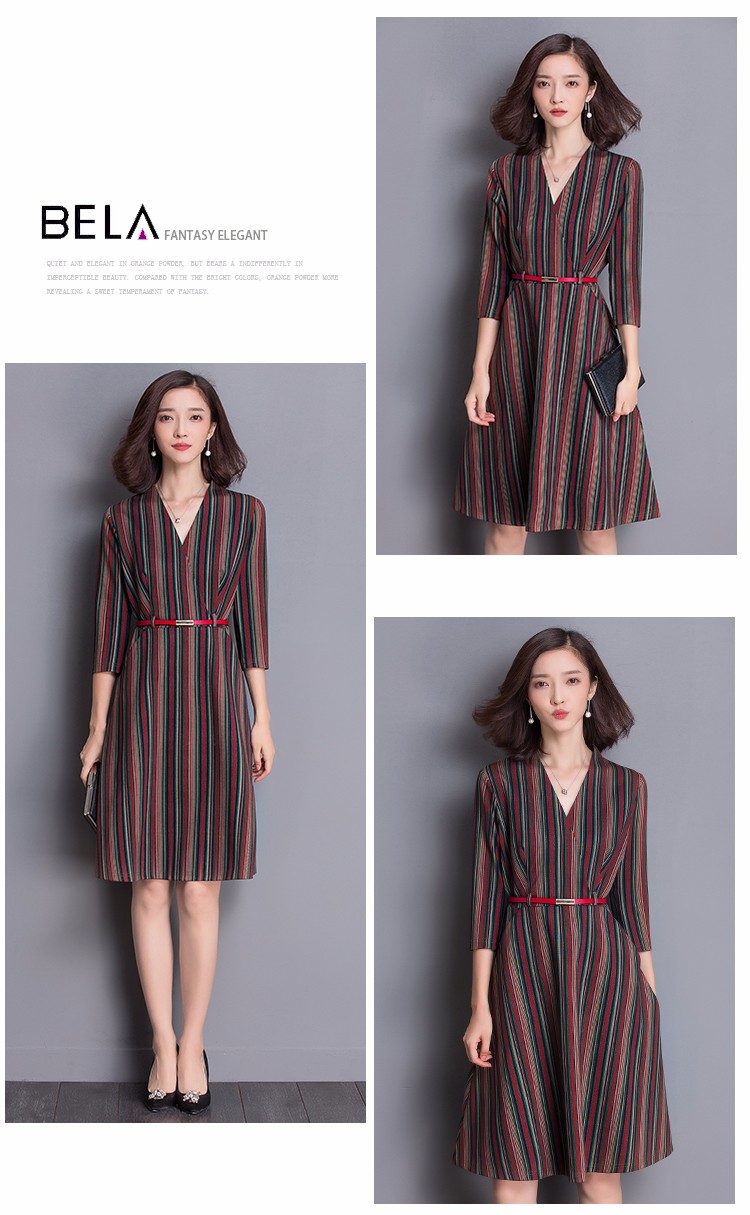 -2017-spring-women-stripe-belt-elegant-V-neck-three-quarter-sleeve--dress-slim-plus-size--pullovers--32781533808