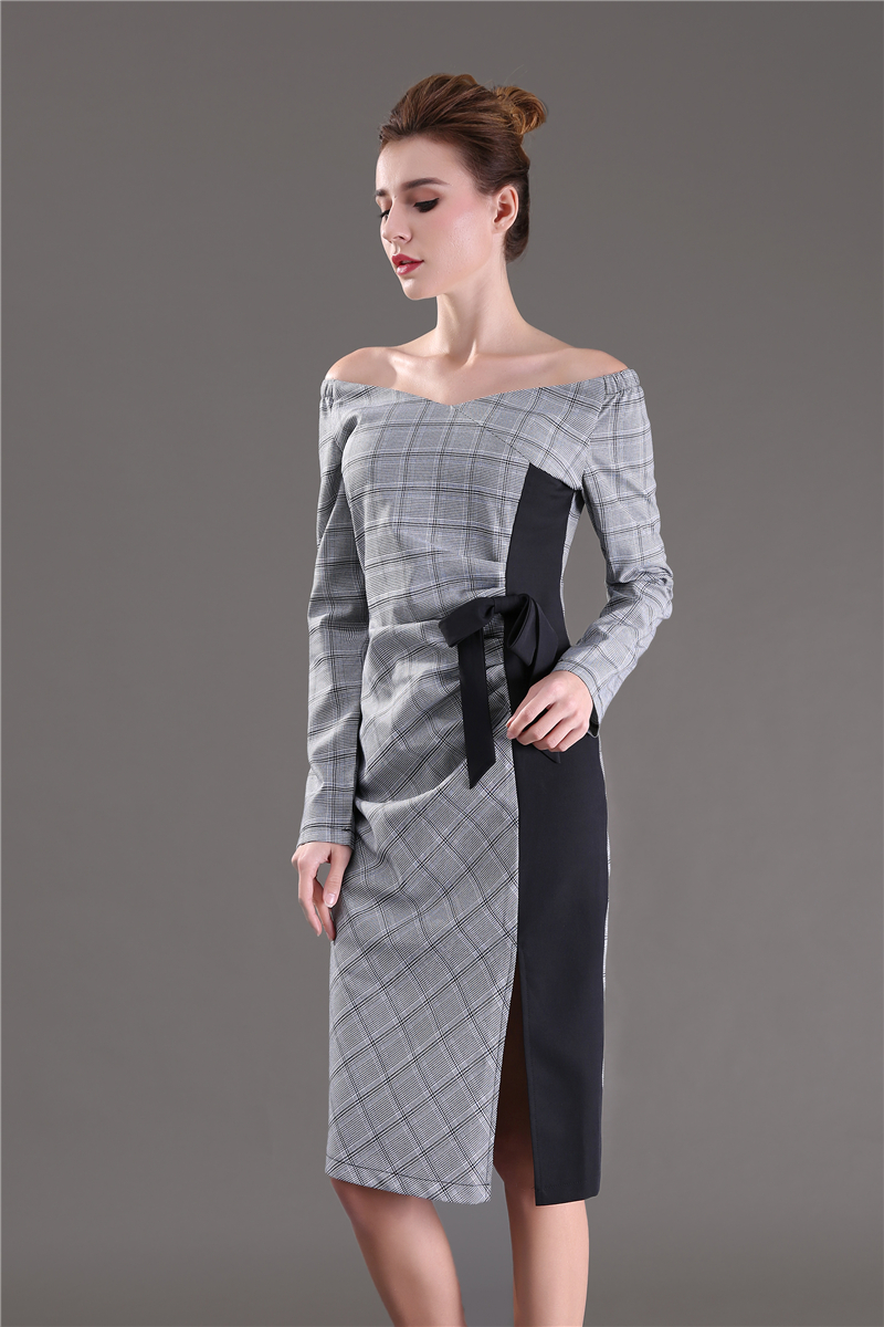 -H-Han-Queen-New-Spring-Autumn-Plaid-Patchwork-Dress-Business-Work-V-neck-Sexy-Bow-Tunic-Bodycon-She-32735680713