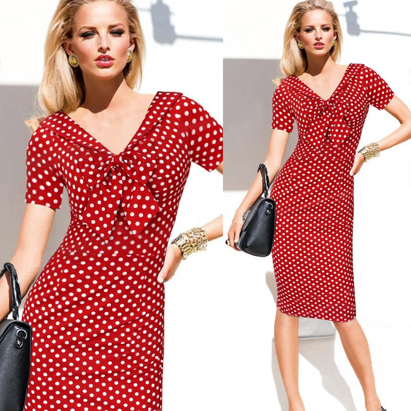 -V-Neck-Pinup-Rockabilly-Bowknot-Vintage-Polka-Dot-Office-Lady-Casual-Work-Party-Sheath-Bodycon-Penc-32701370266