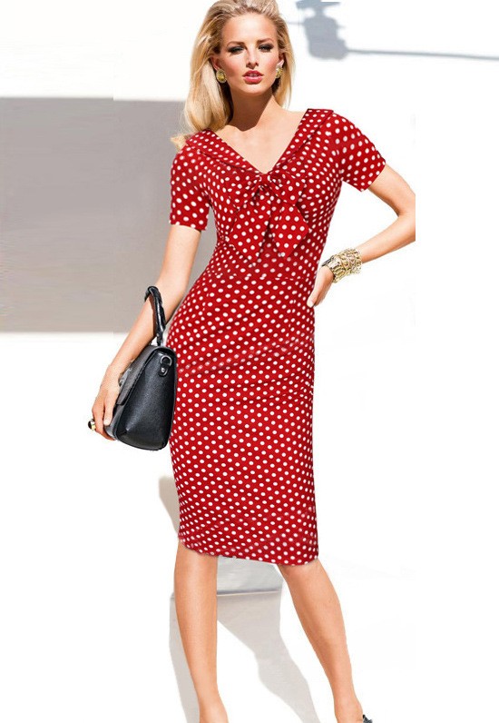 -V-Neck-Pinup-Rockabilly-Bowknot-Vintage-Polka-Dot-Office-Lady-Casual-Work-Party-Sheath-Bodycon-Penc-32701370266