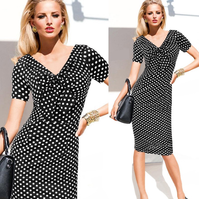 -V-Neck-Pinup-Rockabilly-Bowknot-Vintage-Polka-Dot-Office-Lady-Casual-Work-Party-Sheath-Bodycon-Penc-32701370266