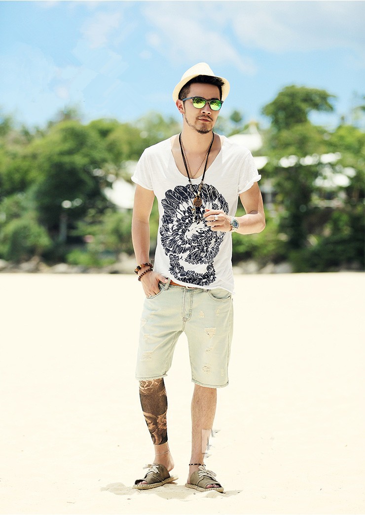 2016-Mens-Deep-V-Neck-T-Shirt-Summer-green-cotton-Mens-skull-print-thin-slim-V-neck-T-shirt-Plus-Siz-32389348121