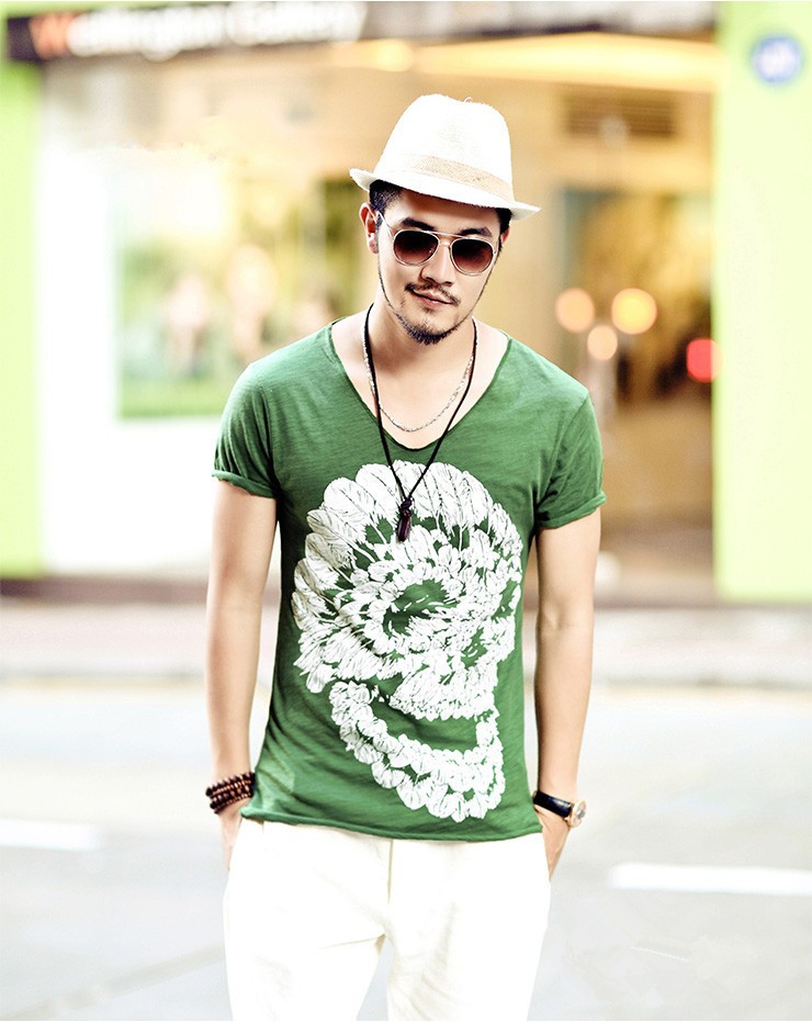 2016-Mens-Deep-V-Neck-T-Shirt-Summer-green-cotton-Mens-skull-print-thin-slim-V-neck-T-shirt-Plus-Siz-32389348121