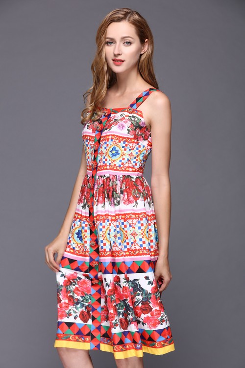 2016-Rose-Printed-Dress-Summer-New-Women-Spaghetti-Strap-Crystal-Button-Knee-Length-Dress-32750309626