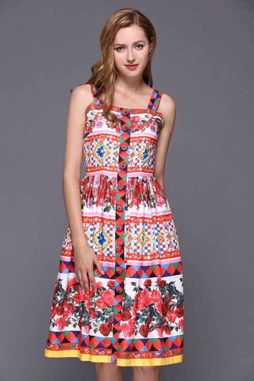 2016-Rose-Printed-Dress-Summer-New-Women-Spaghetti-Strap-Crystal-Button-Knee-Length-Dress-32750309626