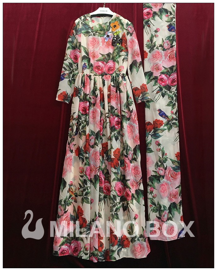 2016-Runway-Maxi-Dress-High-Quality-Women39s-Long-Sleeve-Sequined-Beading-Rose-Floral-Bird-Printed-L-32691563504