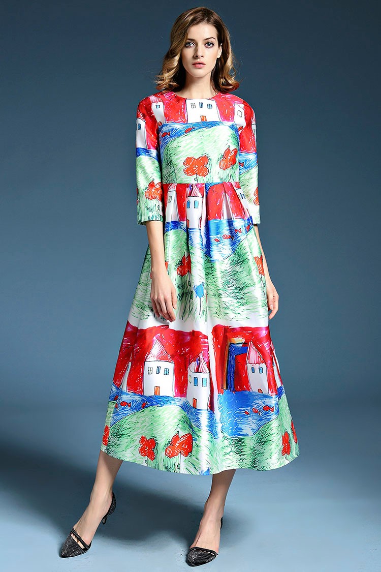 2016-Summer-New-Fashion-Daily-Women39s-Half-Sleeve-Childlike-Crayon-Printed-New-Ball-Gown-Midi-Dress-32329116305