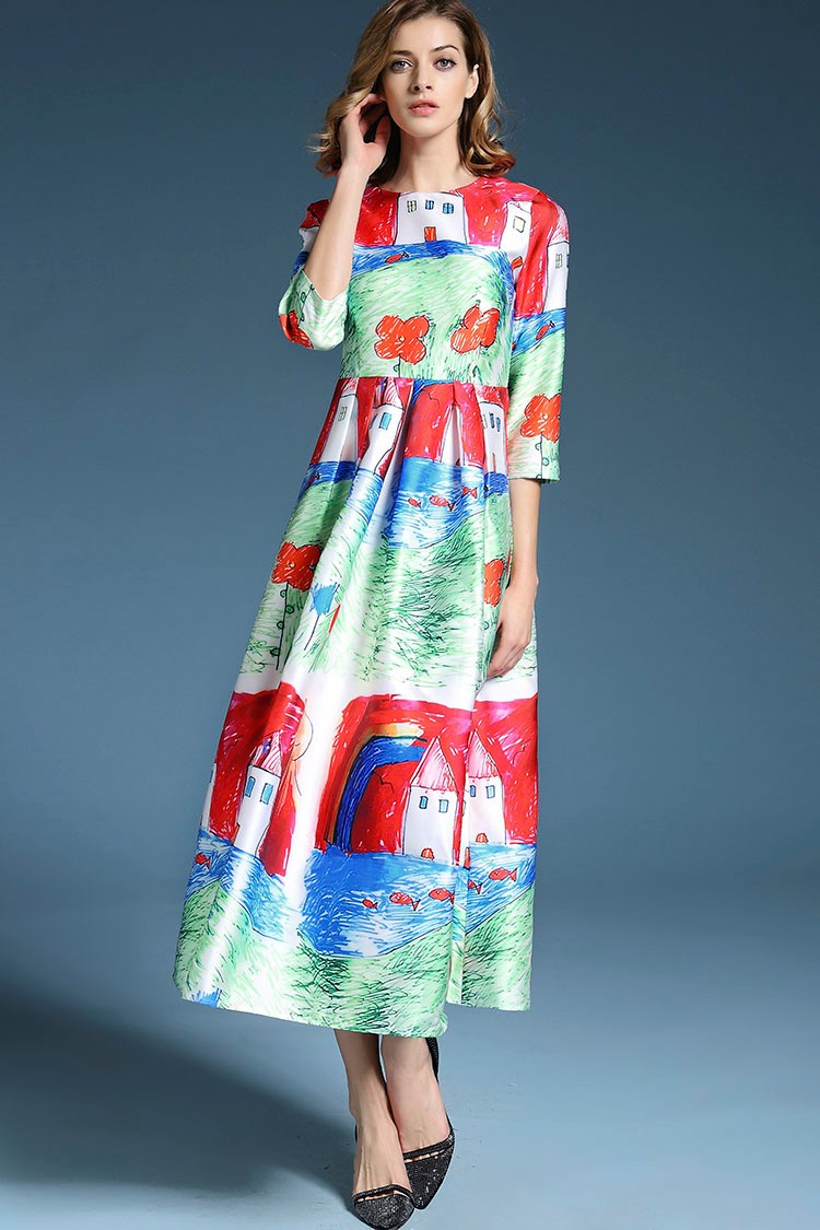 2016-Summer-New-Fashion-Daily-Women39s-Half-Sleeve-Childlike-Crayon-Printed-New-Ball-Gown-Midi-Dress-32329116305