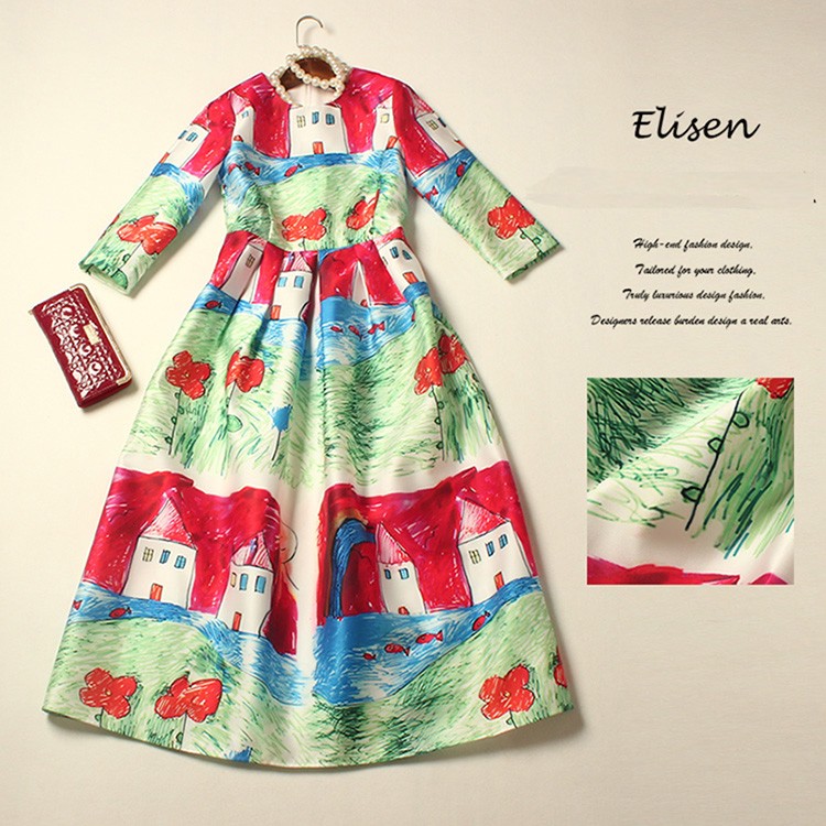 2016-Summer-New-Fashion-Daily-Women39s-Half-Sleeve-Childlike-Crayon-Printed-New-Ball-Gown-Midi-Dress-32329116305