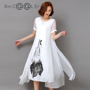2017-Free-Shipping-Summer-Autumn-Women-White-Flowers-Cotton-Dress-Loose-Casual-Solid-O-neck-Knee-len-32630100173