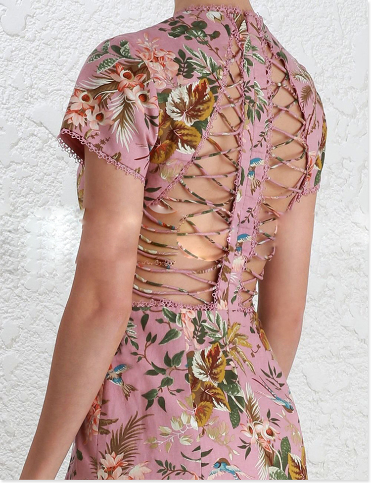 2017-Luxury-Runway-Woman-Pink-Tropical-floral-print-Lattice-Summer-Dress-cutout-Crossover-straps-bac-32797333632