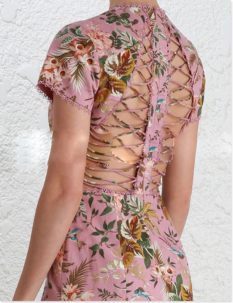 2017-Luxury-Runway-Woman-Pink-Tropical-floral-print-Lattice-Summer-Dress-cutout-Crossover-straps-bac-32797333632
