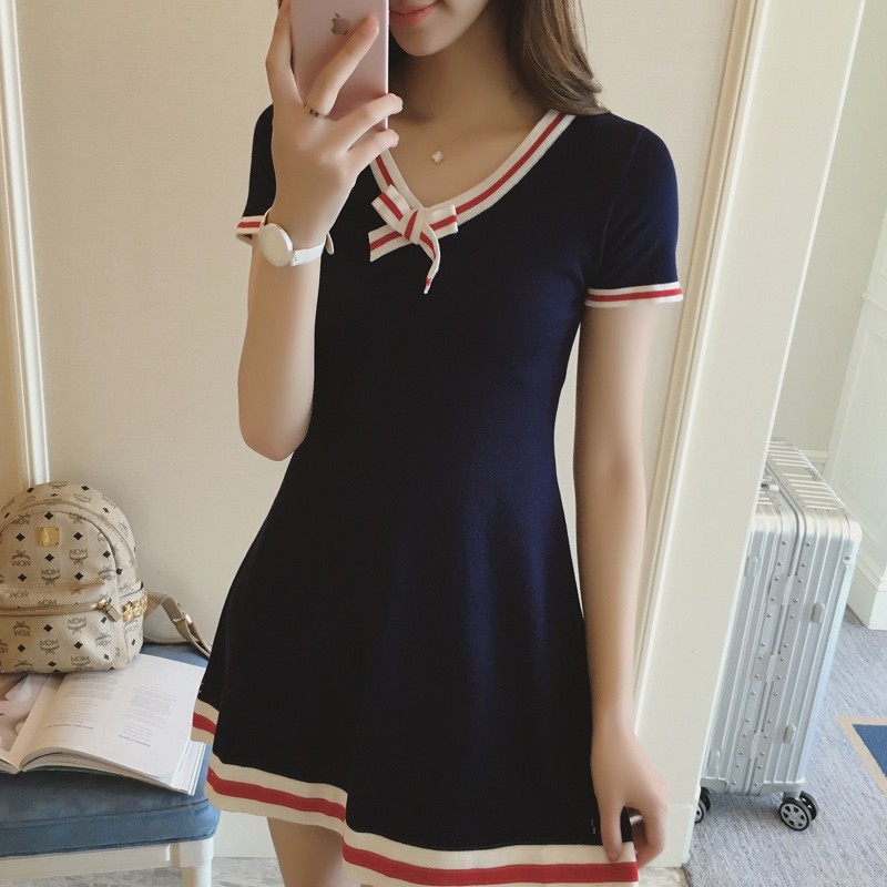 2017-New-Preppy-Style-Dark-Blue-Knitting-Dress-Bow-V-neck-Short-Sleeve-Cute-Dresses-Preppy-Student-U-32654715101