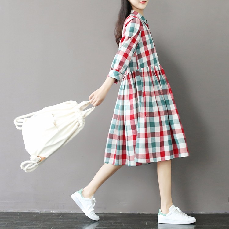 2017-New-Summer-Style-Casual-Loose-High-Waist-Plaid-Dress-Cotton-Plus-Size-Women-Clothing-Mori-Girl--32799378183