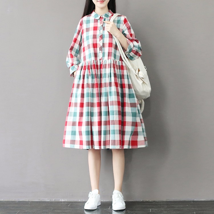 2017-New-Summer-Style-Casual-Loose-High-Waist-Plaid-Dress-Cotton-Plus-Size-Women-Clothing-Mori-Girl--32799378183