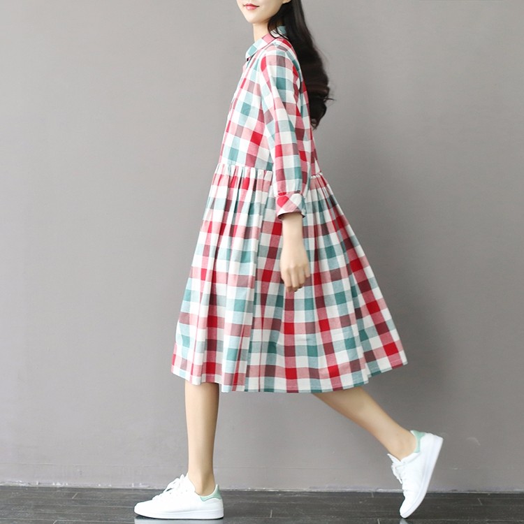 2017-New-Summer-Style-Casual-Loose-High-Waist-Plaid-Dress-Cotton-Plus-Size-Women-Clothing-Mori-Girl--32799378183