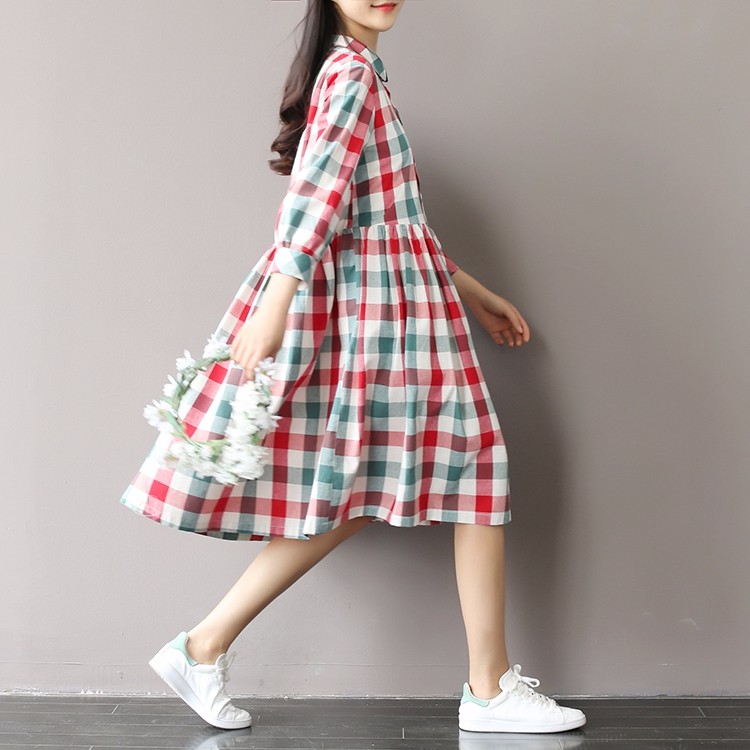 2017-New-Summer-Style-Casual-Loose-High-Waist-Plaid-Dress-Cotton-Plus-Size-Women-Clothing-Mori-Girl--32799378183