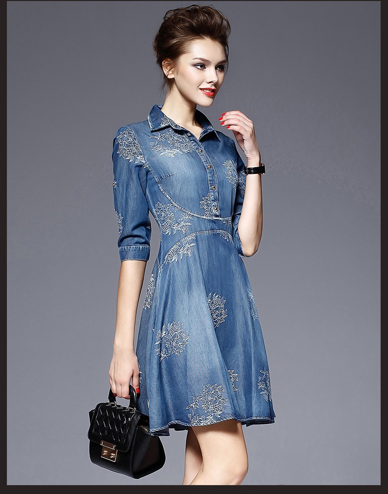 2017-New-Vintage-Denim-Dress-Embroidered-Flower-Cowboy-Slim-Women39s-Dresses-Short-Sleeve-Office-Ves-32674398429