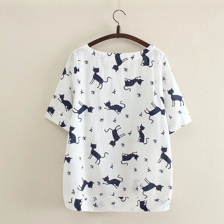 2017-New-White-Cotton-Linen-T-shirt-Fashion-Summer-Animal-Cat-Print-Shirt-O-Neck-Short-Sleeve-T-Shir-32787930547