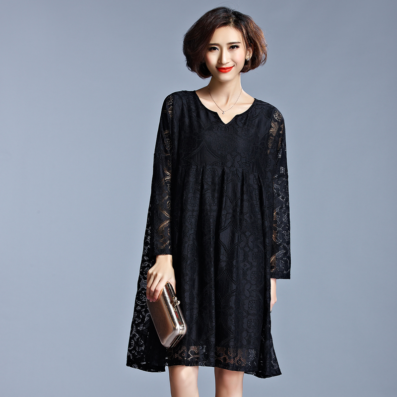 2017-Plus-Large-Size-Loose-Dresses-Women39s-Fashion-Hollow-Out-Black-Lace-Raglan-Sleeve-Women-Mini-L-32638758083