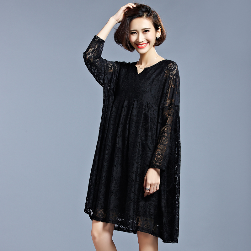 2017-Plus-Large-Size-Loose-Dresses-Women39s-Fashion-Hollow-Out-Black-Lace-Raglan-Sleeve-Women-Mini-L-32638758083