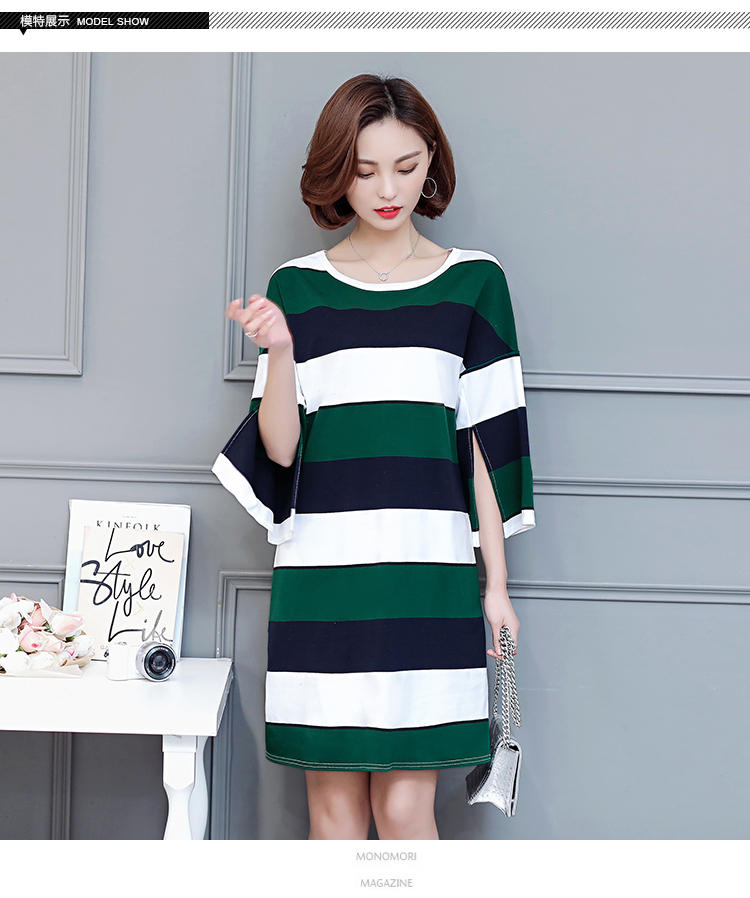 2017-Spring-New-Arrival-Fashion-Women-Dress-Flare-Sleeve-Green-Stripe-Ladies-Dress-Casual-Loose-Styl-32796091181