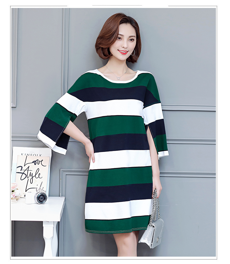 2017-Spring-New-Arrival-Fashion-Women-Dress-Flare-Sleeve-Green-Stripe-Ladies-Dress-Casual-Loose-Styl-32796091181