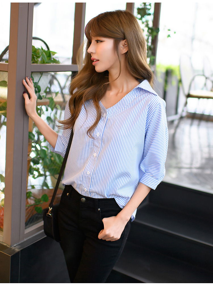 2017-Spring-Summer-New-Korean-Straight-Loose-Thin-Sleeves-Striped-Shirt-V-neck-Tops-Women-Fall-Blous-32787469130