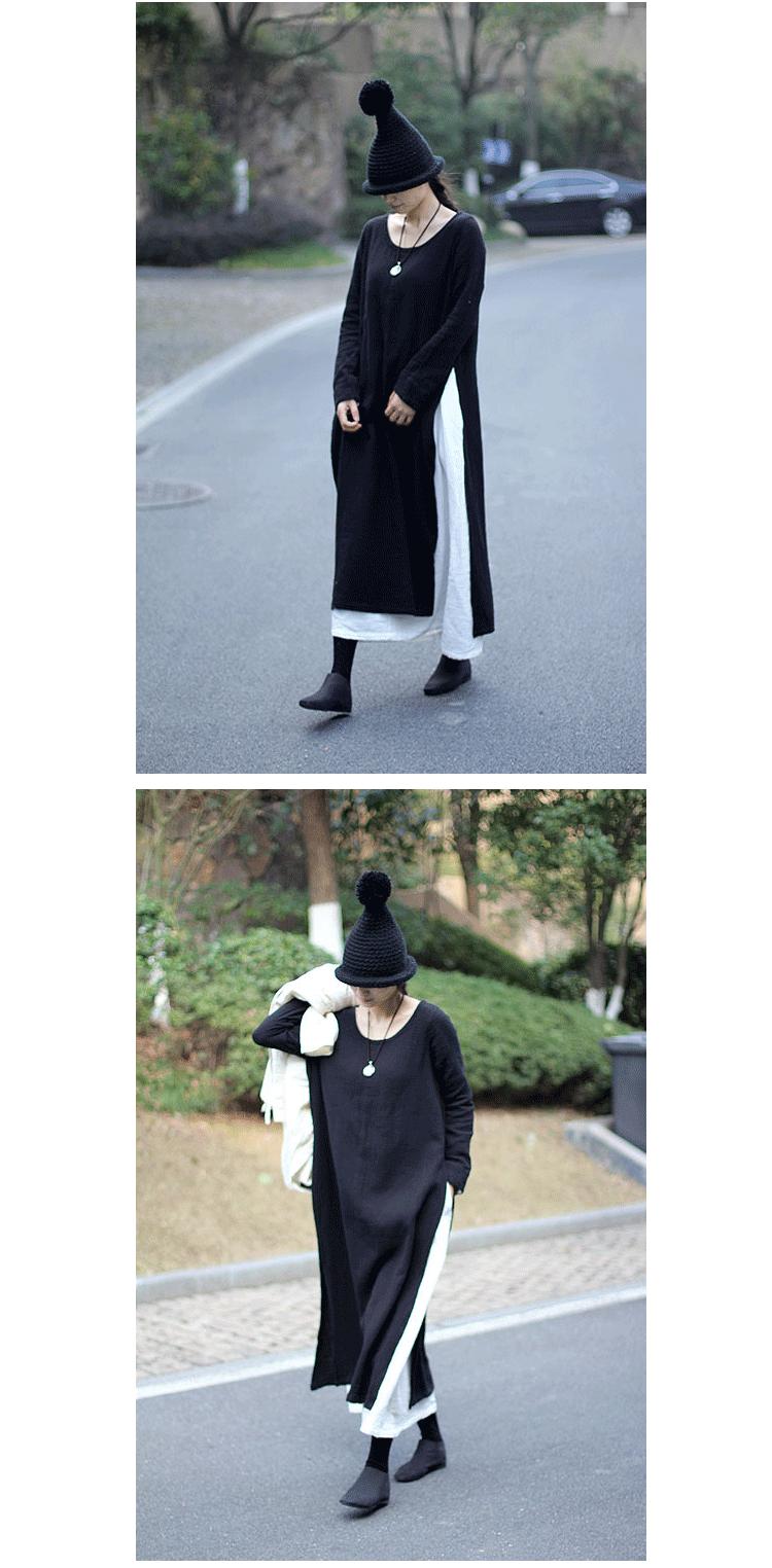 2018-Autumn-New-Fake-Two-Piece-Women-Vintage-Long-Dress-Loose-Long-Sleeve-Round-Neck-Cotton-Black-El-32479364992