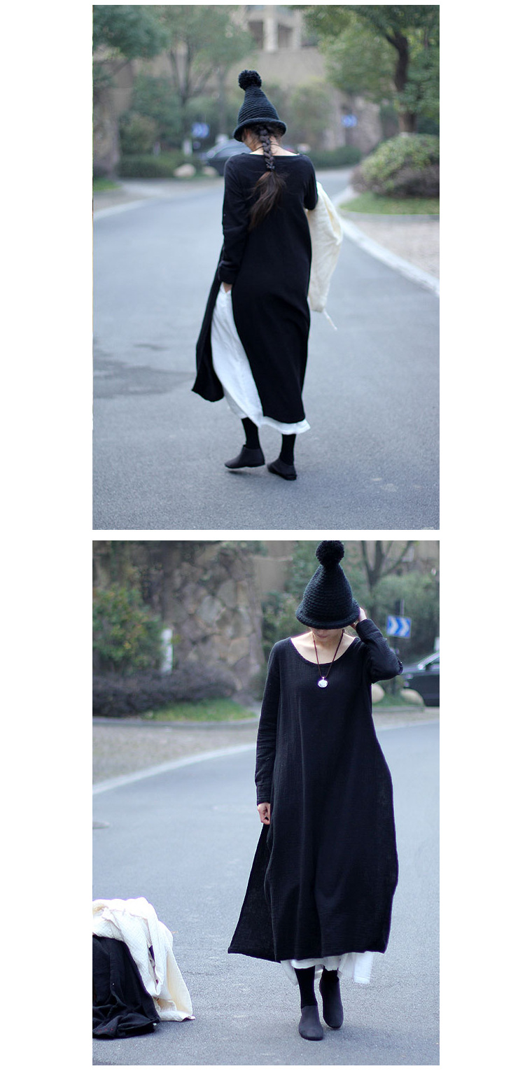 2018-Autumn-New-Fake-Two-Piece-Women-Vintage-Long-Dress-Loose-Long-Sleeve-Round-Neck-Cotton-Black-El-32479364992