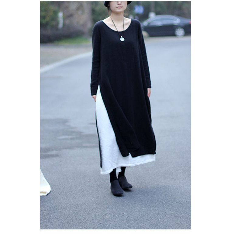 2018-Autumn-New-Fake-Two-Piece-Women-Vintage-Long-Dress-Loose-Long-Sleeve-Round-Neck-Cotton-Black-El-32479364992