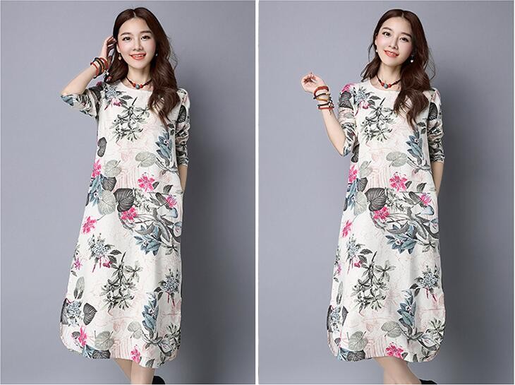 2018-Autumn-Vintage-Cotton-Linen-Stripe-Dress-Women-large-Size-Print-Casual-Long-Dress-Vestidos-Robe-32729292947