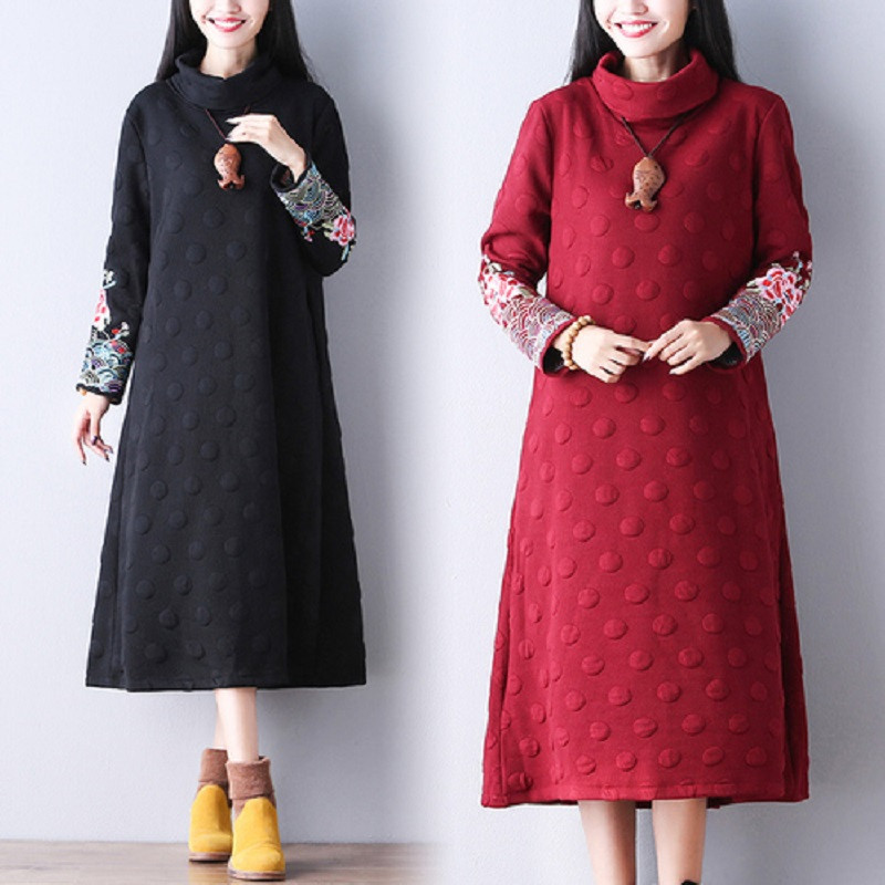 2018-Ethnic-Women-Maxi-Long-Dress-Turtleneck-Black-Wine-Red-Vintage-Dress-With-Long-Sleeve-Embroider-32716293716